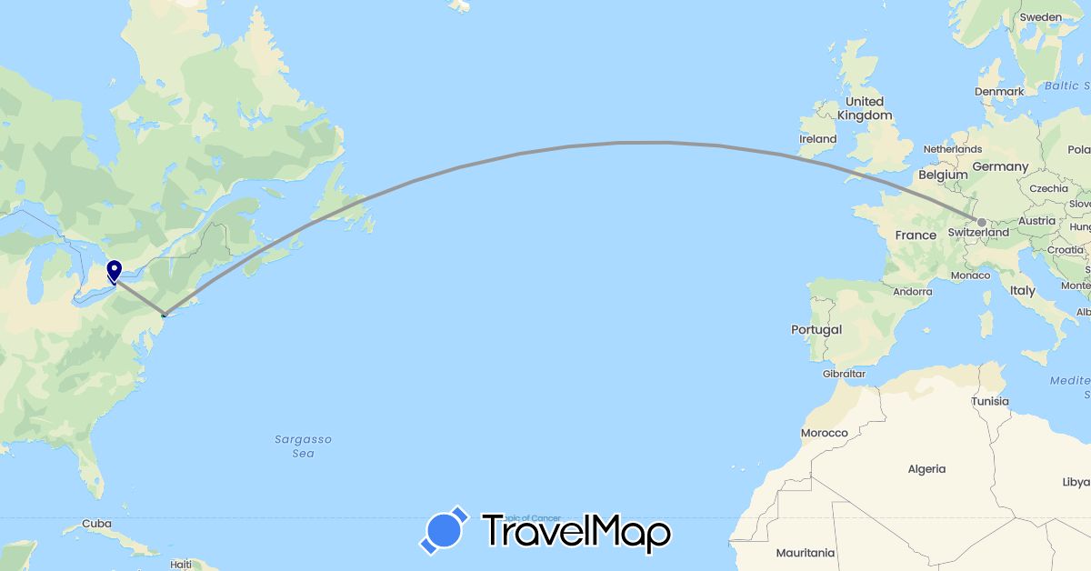 TravelMap itinerary: driving, bus, plane in Canada, Switzerland, United States (Europe, North America)